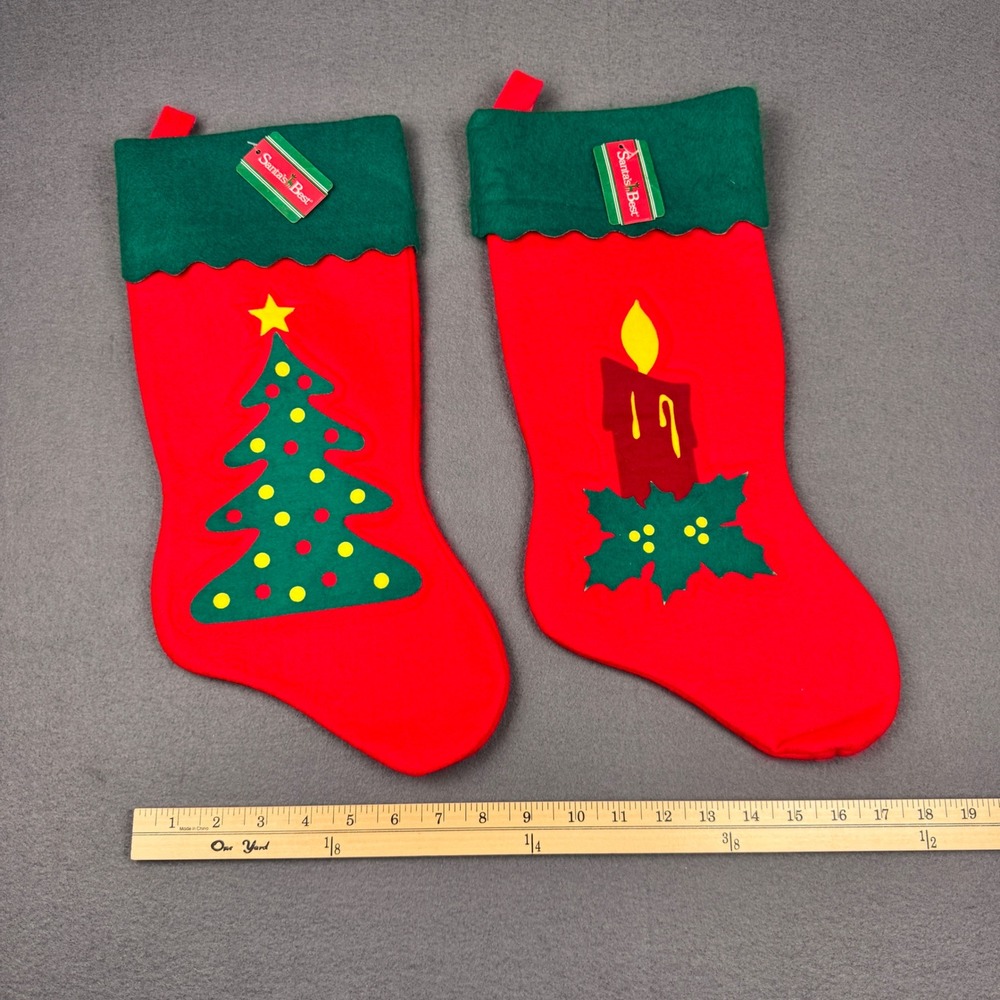 Vtg 90s Red Green Felt Santas best Christmas stockings tree candle w orig tags